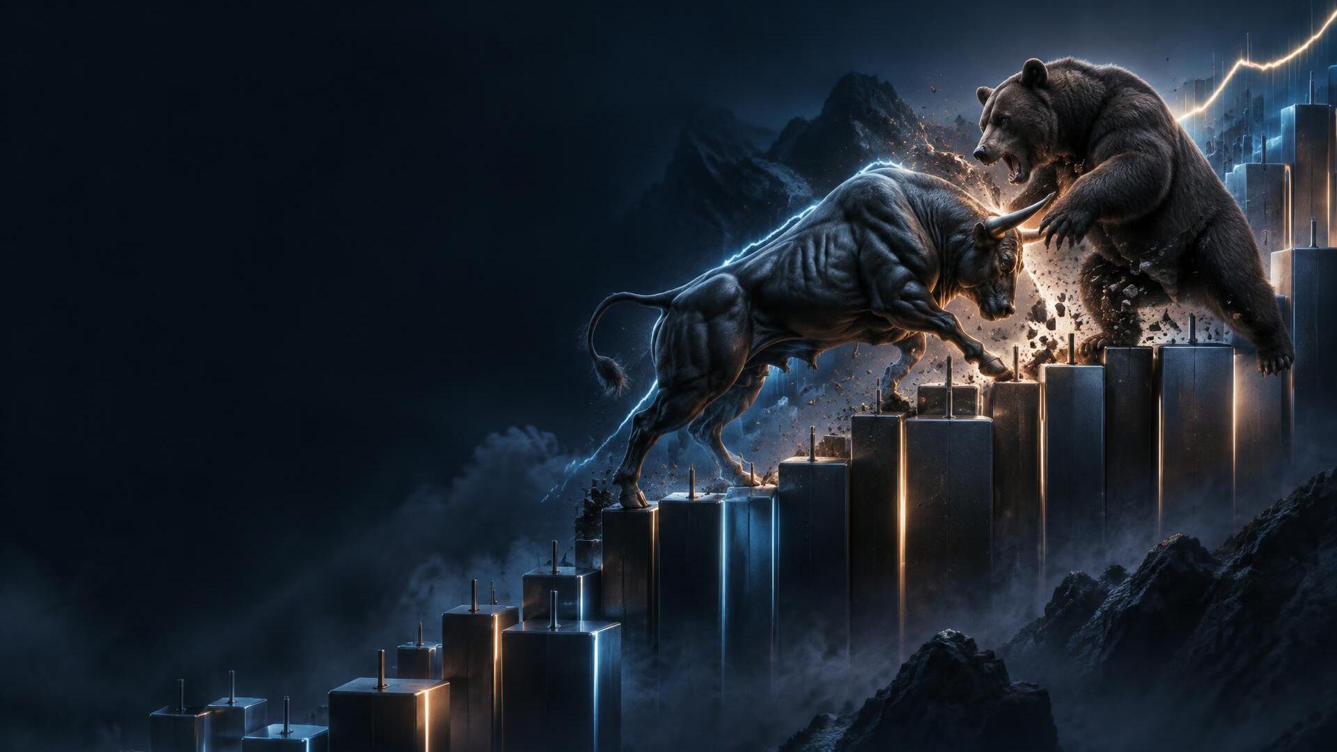 A bull and bear clash atop rising market candles